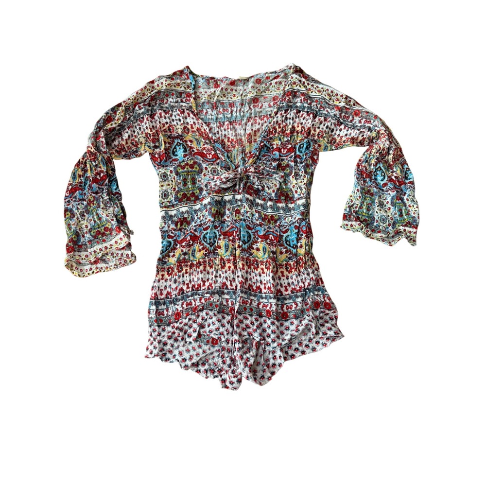 Raga Women Paisley Floral Print Bell Sleeve Tie Front Romper Red Blue Size M